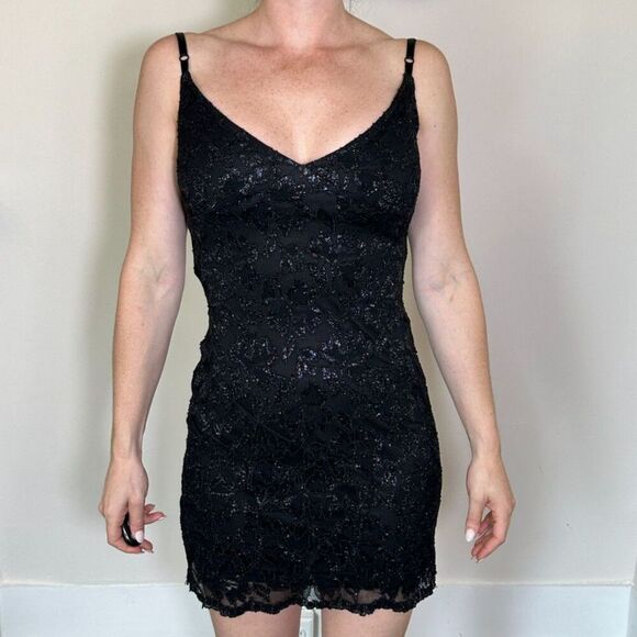 AZIZ Vintage Black Lace Sparkly Mini Dress Size Medium - Picture 1 of 9